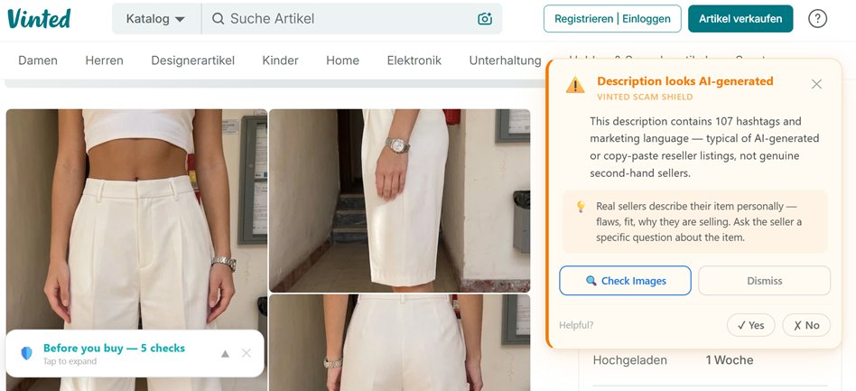 Vinted Scam Shield flagging an AI-generated description