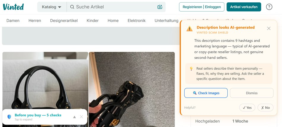 Vinted Scam Shield flagging an AI-generated description on a bag listing