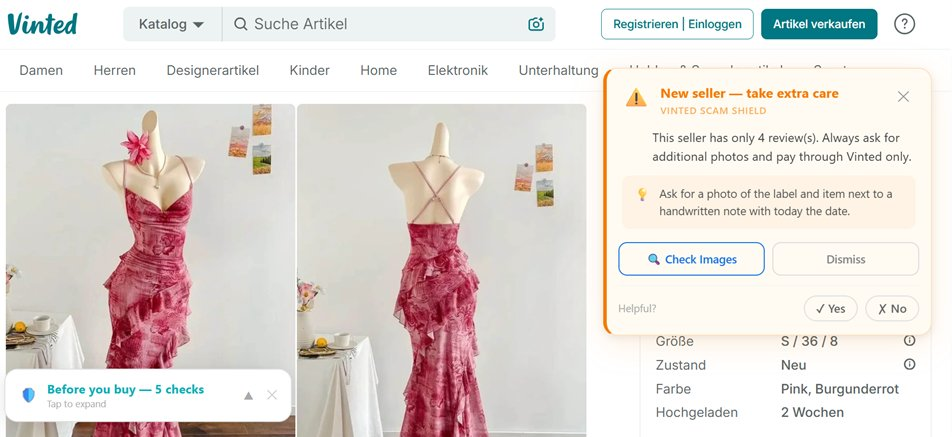Vinted Scam Shield flagging a new seller with few reviews
